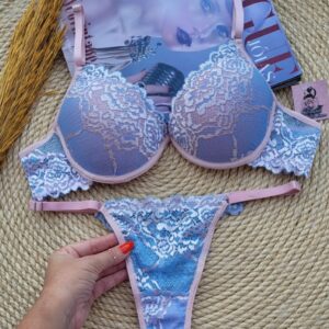 Conjunto Renda Bicolor Ref. 0082- Azul Frozen com Rosa BB