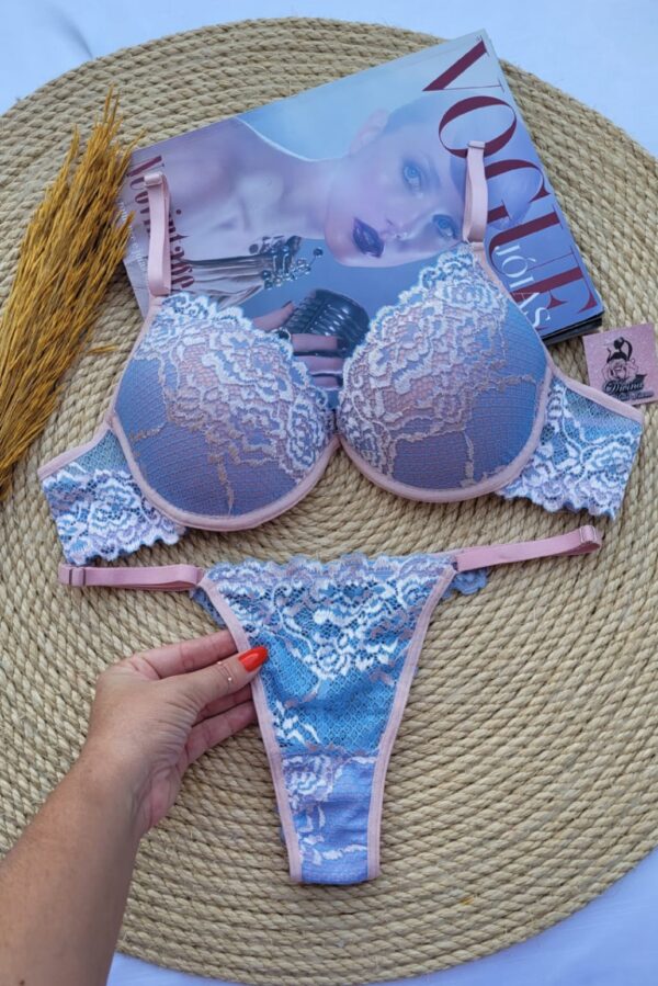 Conjunto Renda Bicolor Ref. 0082- Azul Frozen com Rosa BB